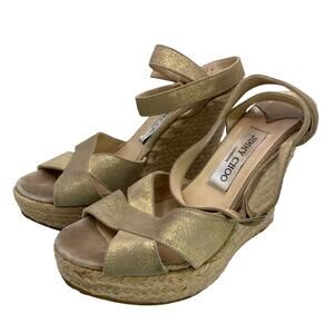 Jimmy Choo Phoenix Gold Espadrille Wedges, EU 39 (US 9), Platform Wedge Sandals